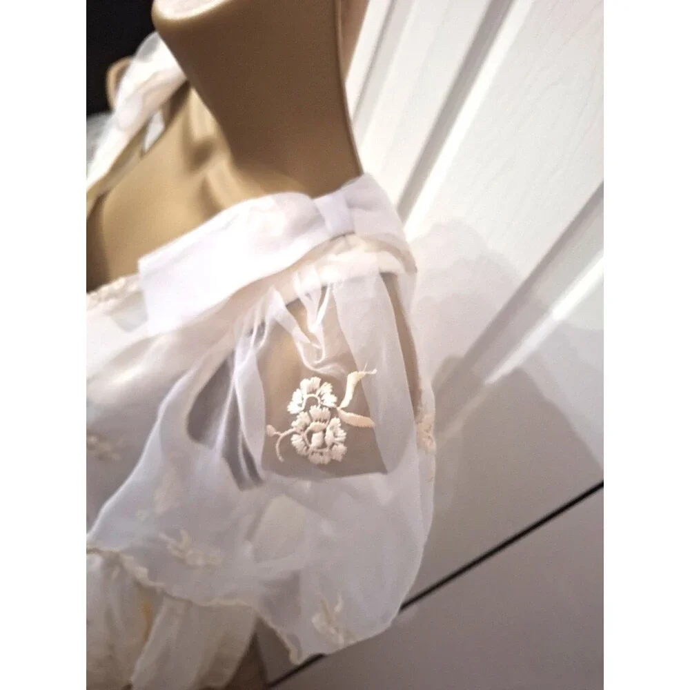 Cream Formal Midi Tea Dress Med Chiffon Bows Sheer Layer Fit Flare Cottage Fairy